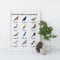 Backyard Birds of California Art Print showcasing watercolor birds and a pine cone, ideal for bird watchers. Frame not included.