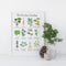 Kitchen Garden Art Print featuring watercolor illustrations of fruits and vegetables, displayed in a decorative setting with a plant and candle. Frame not included.