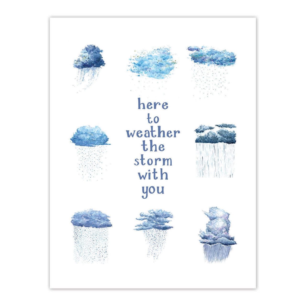 Weather The Storm With You - Sympathy Greeting Card featuring watercolor rain clouds, expressing support and understanding. Blank inside, folded, with a kraft envelope.
