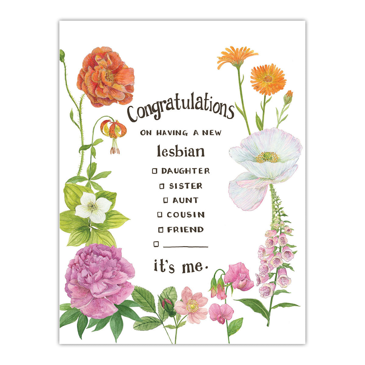 Lesbian Coming Out Card featuring watercolor floral designs, crafted to support the coming out process with a lighthearted touch. Blank inside, includes a kraft envelope.
