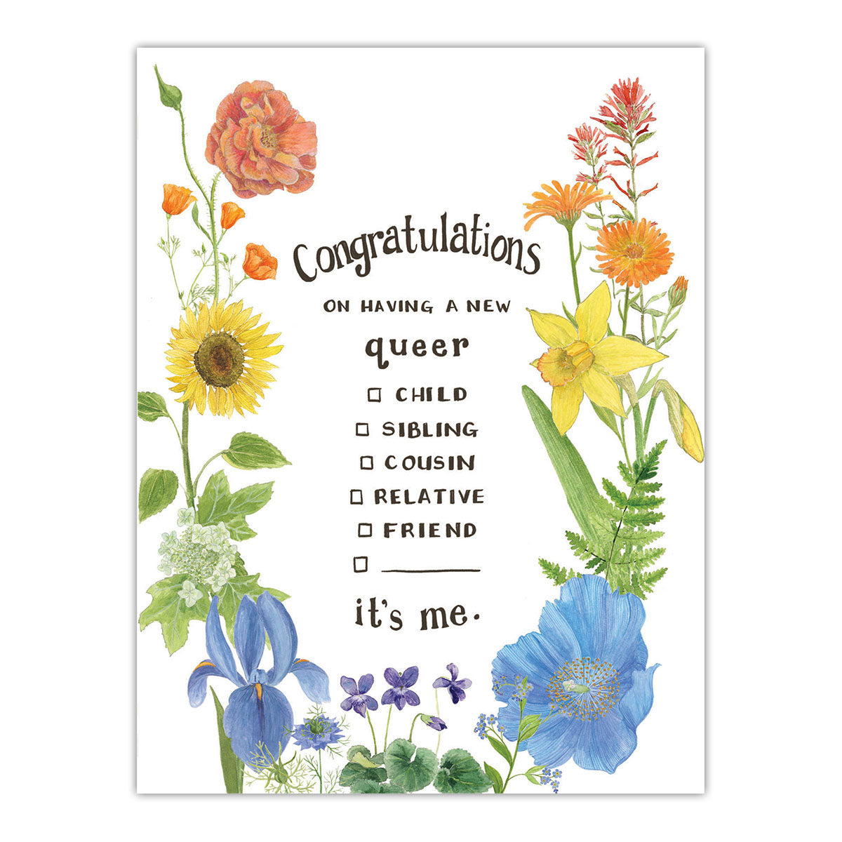Queer Coming Out Card - LGBTQIA+ Pride Greeting Card featuring floral watercolor illustrations and text, designed for expressing identity, crafted on recycled paper.