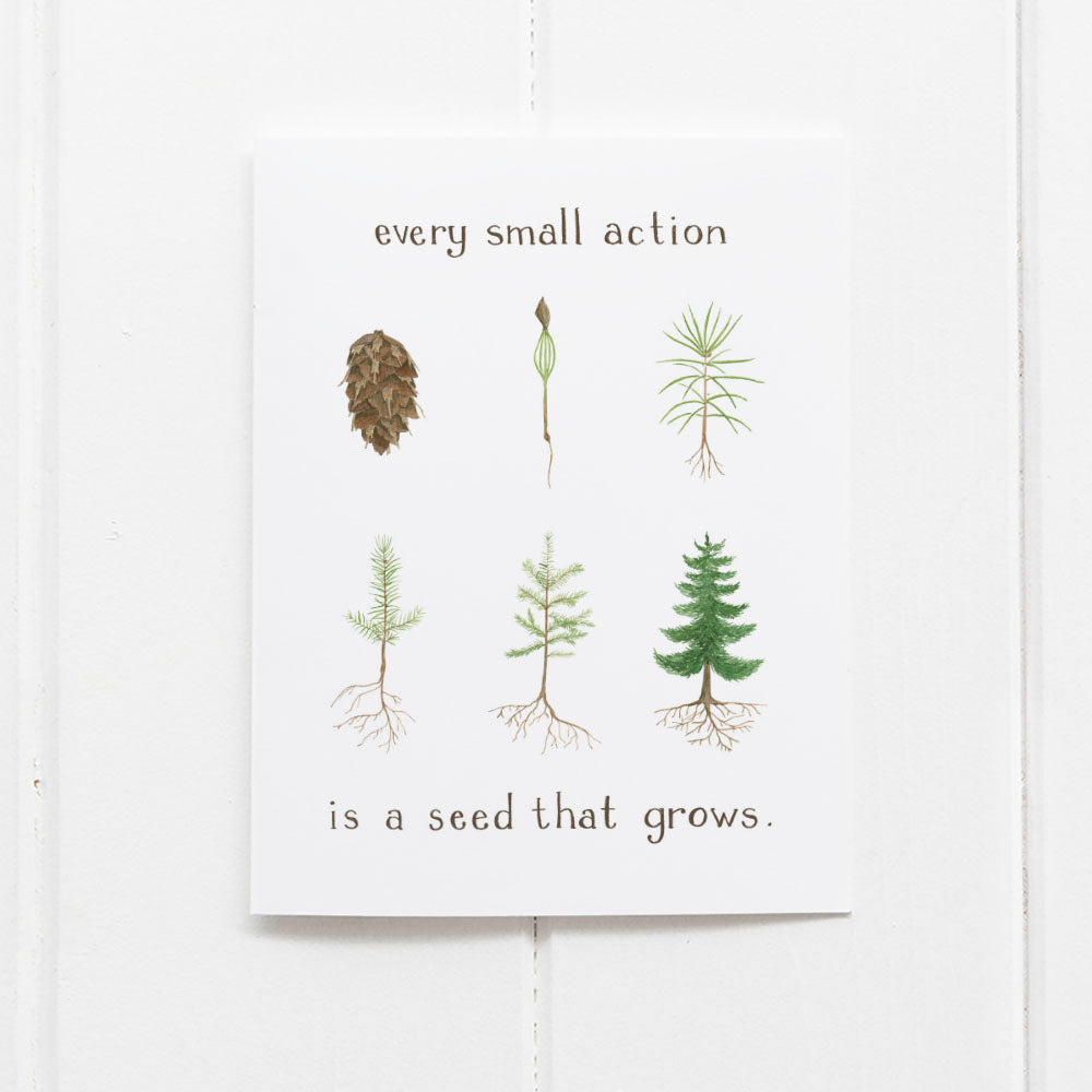 Every Small Action Card - Earth Day Card featuring a detailed watercolor pine tree drawing, combining nature-inspired art with a message of activism and environmental awareness.