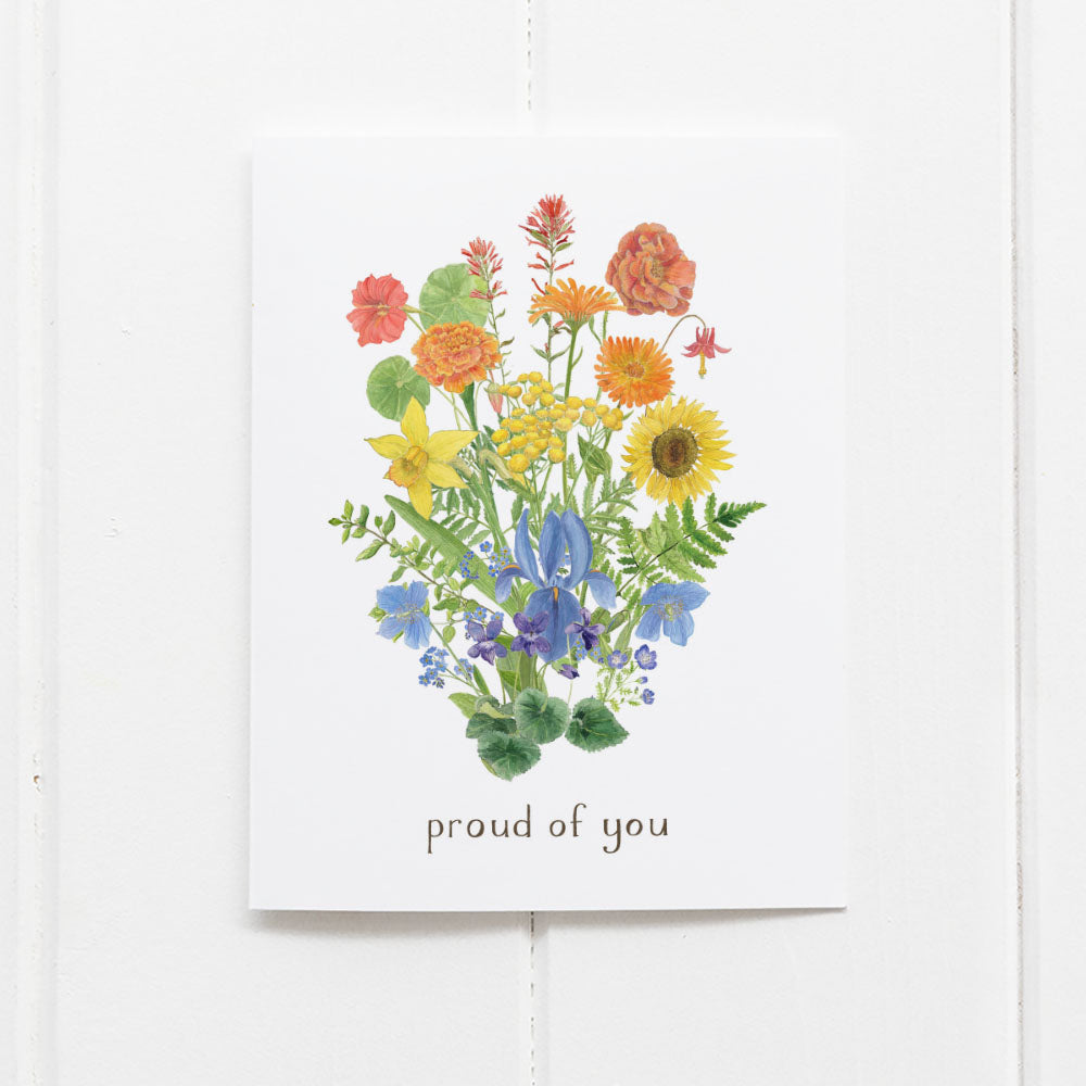 Watercolor Pride Bouquet Card featuring Douglas fir life cycle illustration, celebrates environmental activism; blank inside with kraft envelope. Created by artist Brigida Swanson at Yardia.