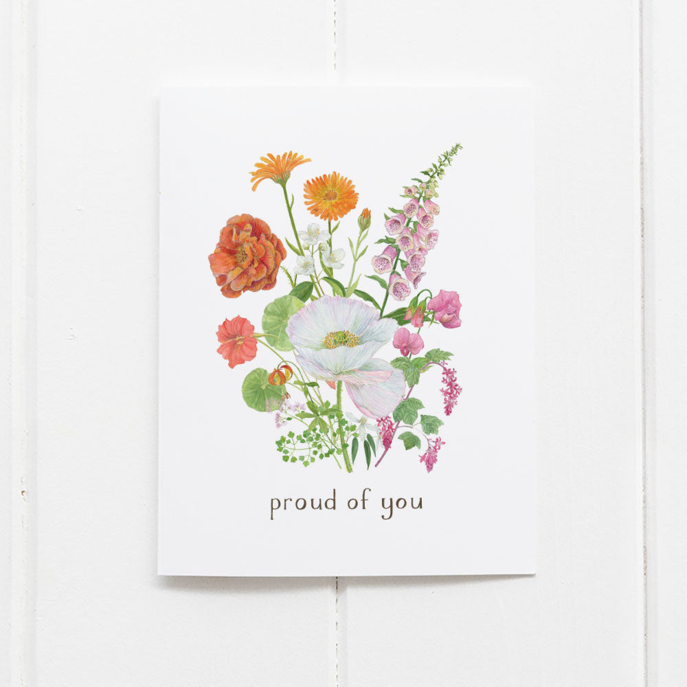 Lesbian Pride Bouquet Card featuring watercolor floral design and proud of you message, blank inside with kraft envelope, by artist Brigida Swanson.