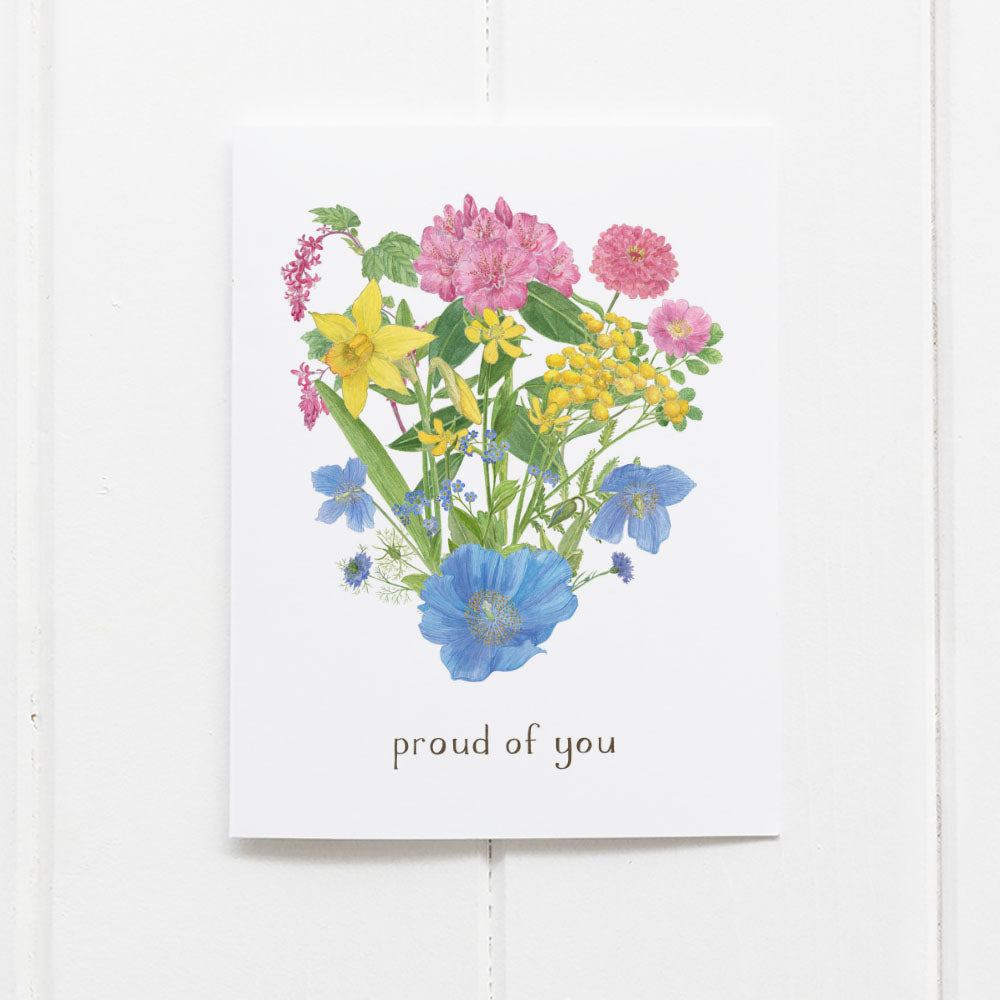 Pansexual Pride Bouquet Card featuring a watercolor floral design with proud of you message, blank inside, includes a kraft envelope.