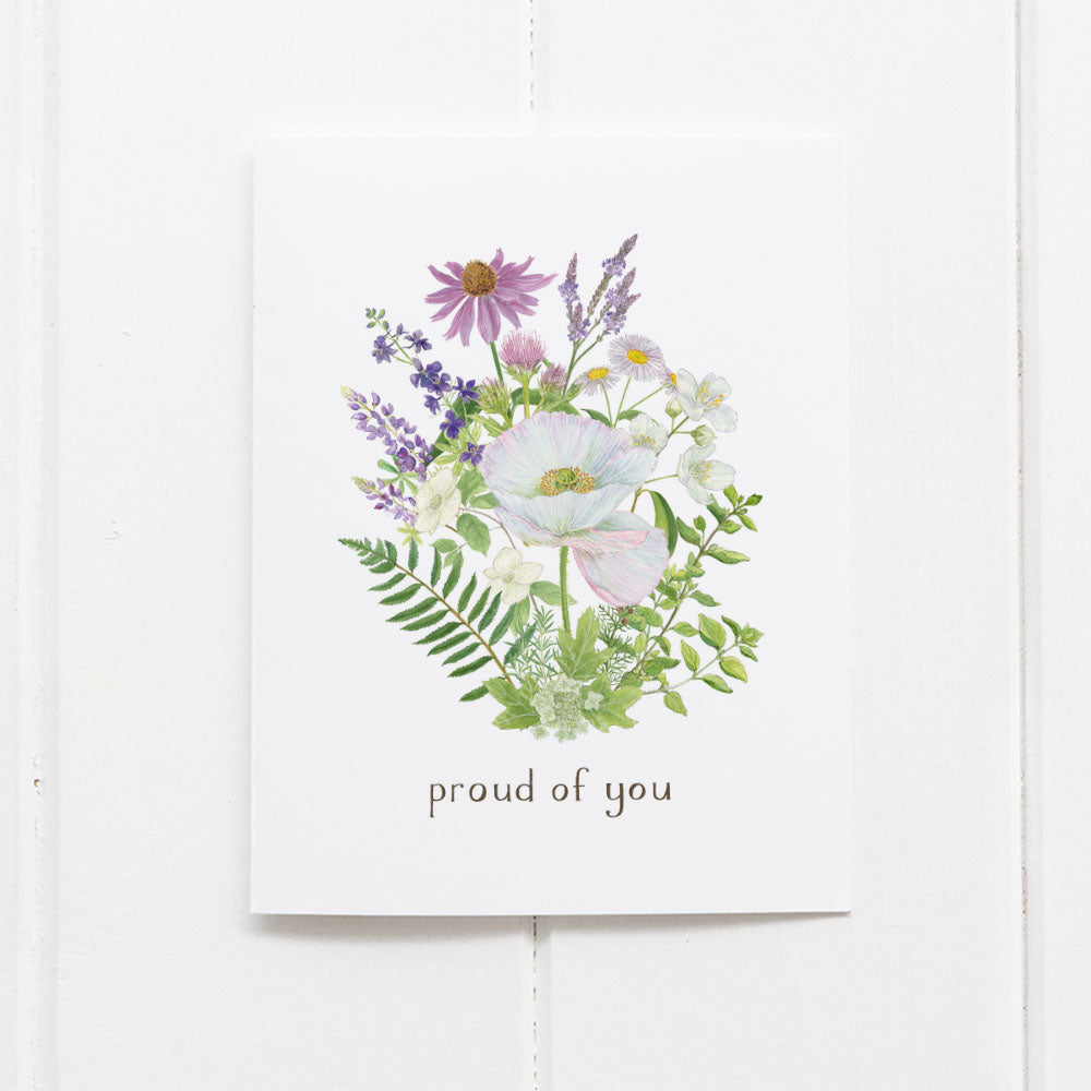 Genderqueer Pride Bouquet Card featuring a floral watercolor design with the message proud of you, blank inside, paired with a kraft envelope.