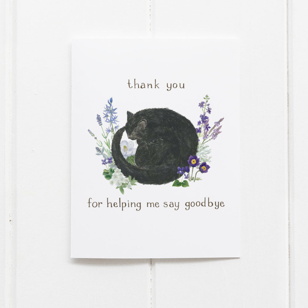 Cat Pet Sympathy Card featuring a black cat curled among flowers, offering comfort for pet loss. Blank inside with kraft envelope, watercolor by Brigida Swanson.