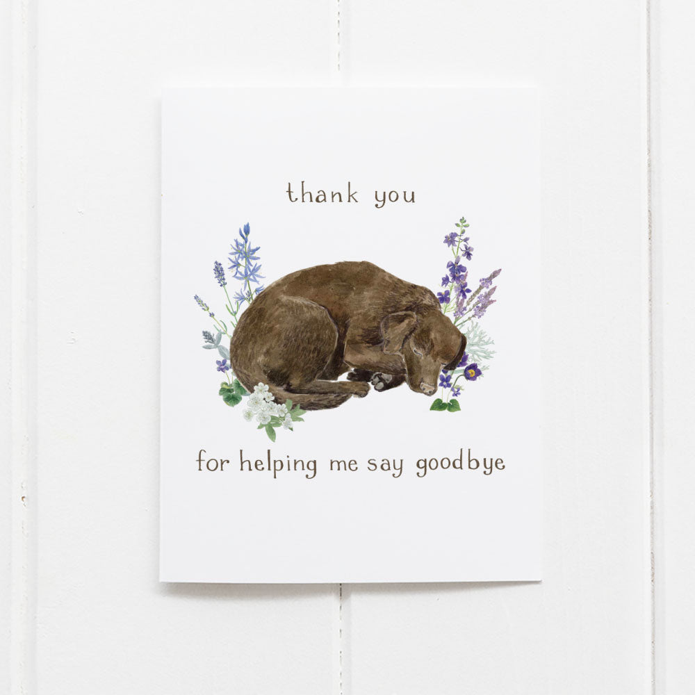 Dog Vet Appreciation Card featuring a watercolor illustration of a sleeping dog with flowers, designed to express gratitude after pet loss. Blank inside, includes kraft envelope.