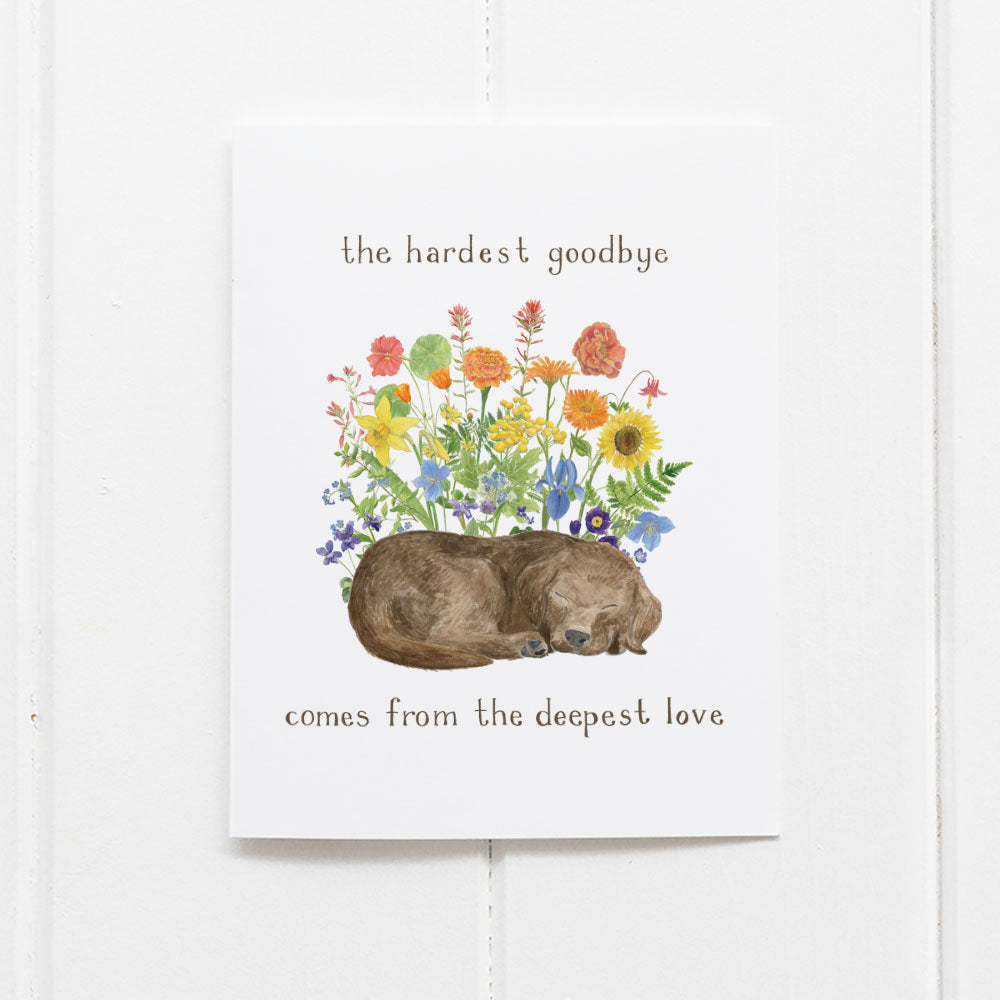 Dog Pet Sympathy Card featuring a sleeping dog with watercolor flowers, offering comfort for pet loss. Blank inside, includes kraft envelope, by Yardia artist Brigida Swanson.