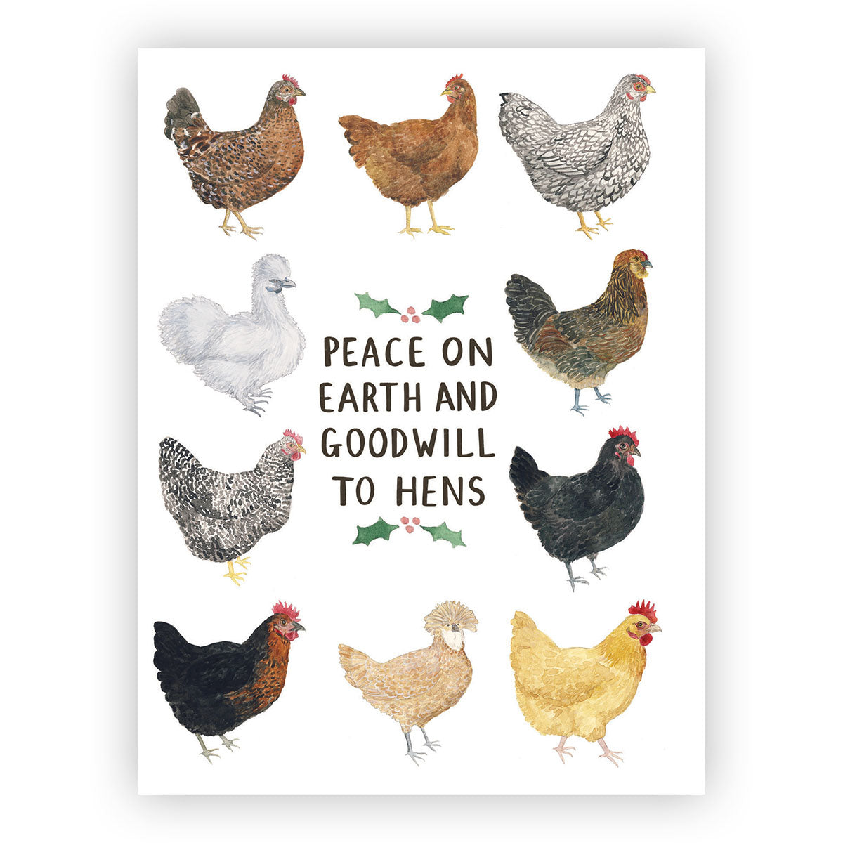 Chickens Christmas Cards - Set of 6 Boxed Christmas Cards featuring watercolor hens and festive greeting “Peace on Earth and Goodwill to Hens,” perfect for holiday cheer.