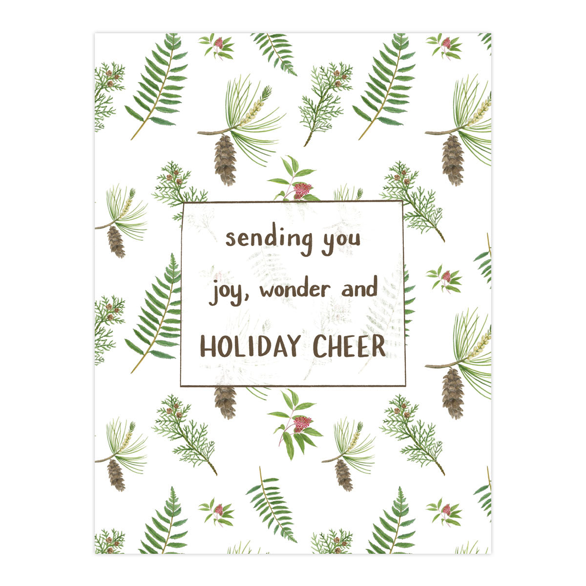 Pine Christmas Card Box Set, featuring 6 cards with a botanical pattern and “sending you joy, wonder and HOLIDAY CHEER” message, includes kraft envelopes, made from recycled paper.