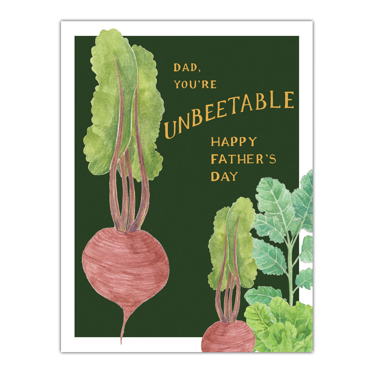 Unbeetable Dad - Vegetable Garden Father's Day Card featuring watercolor beet illustration with green leaves, capturing a punny dad joke for the gardening enthusiast.