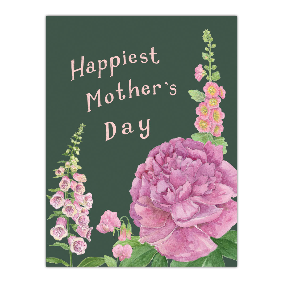 Floral Mother's Day Card featuring watercolor pink peonies and garden flowers on a dark green background, showcasing Yardia's nature-inspired stationery.