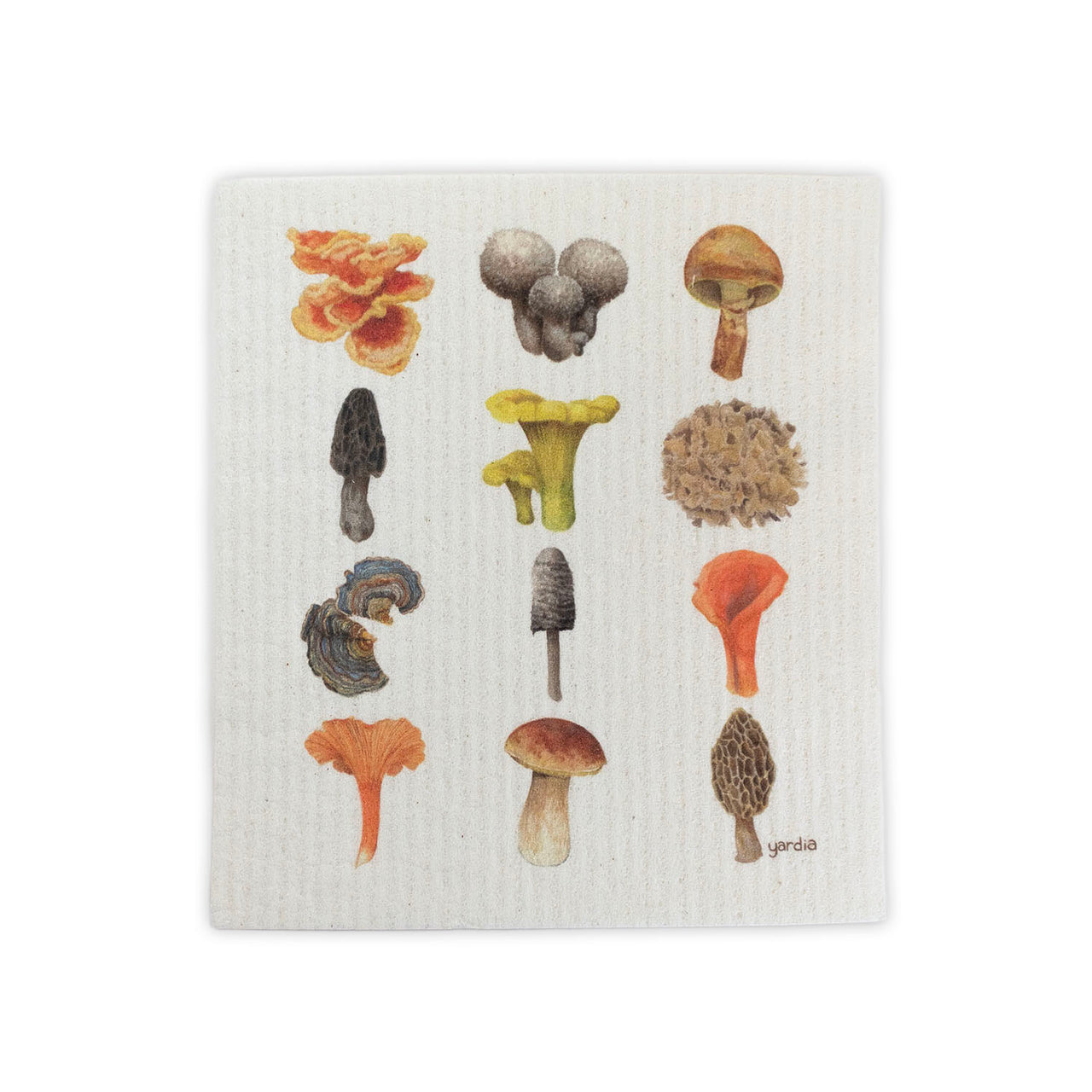 Mushrooms Sponge Cloth featuring a watercolor illustration of mushrooms, made from cellulose and cotton, displayed on a white surface. Eco-friendly and compostable dishcloth.