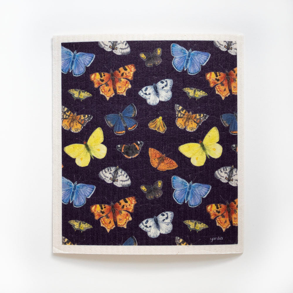 Butterflies Sponge Cloth - Cellulose Sponge Dish Cloth featuring watercolor butterfly illustrations on a deep purple background, highlighting an eco-friendly, compostable design.