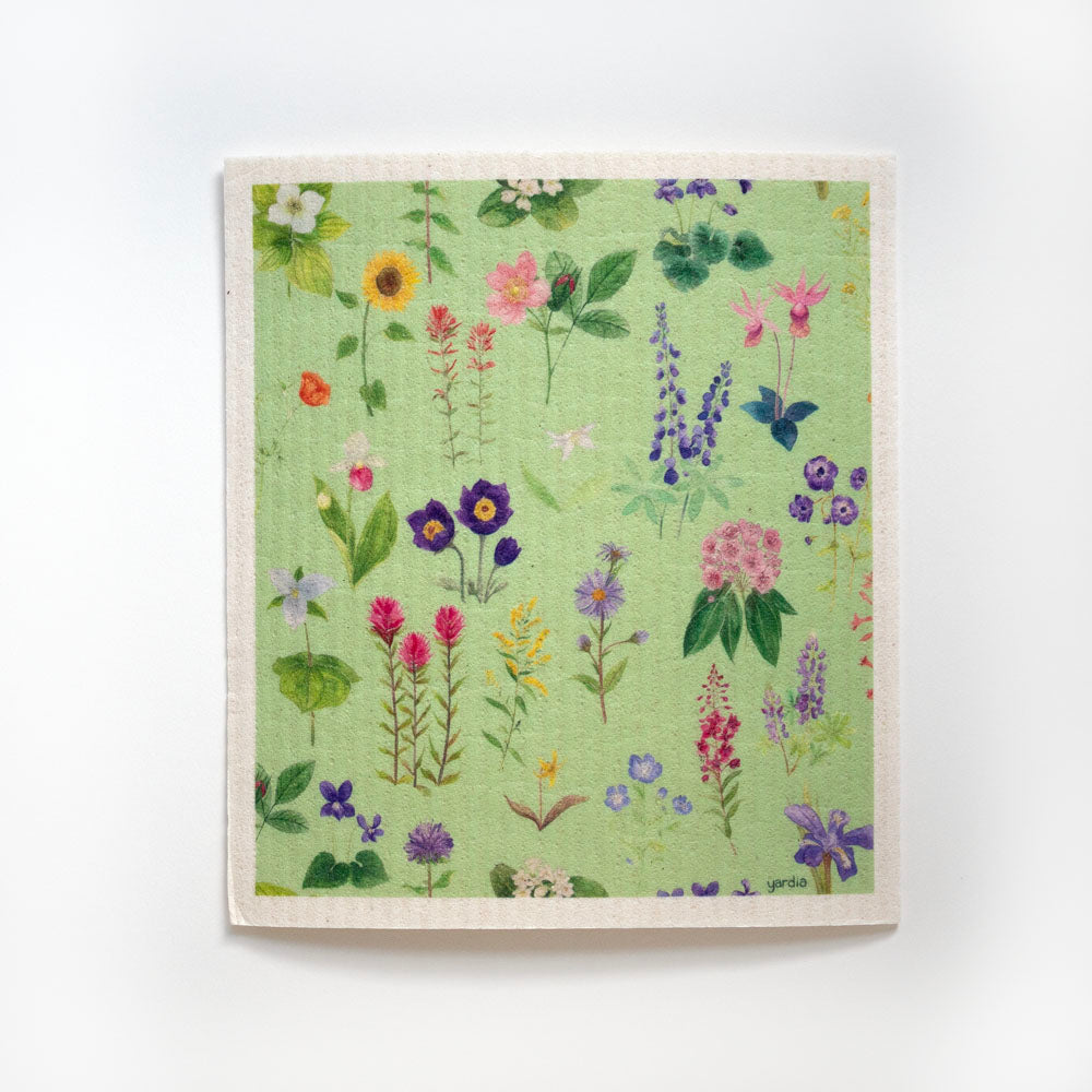 Wildflowers Sponge Cloth - Cellulose Sponge Dish Cloth with watercolor wildflower design on green, showcasing eco-friendly, biodegradable cleaning solution.