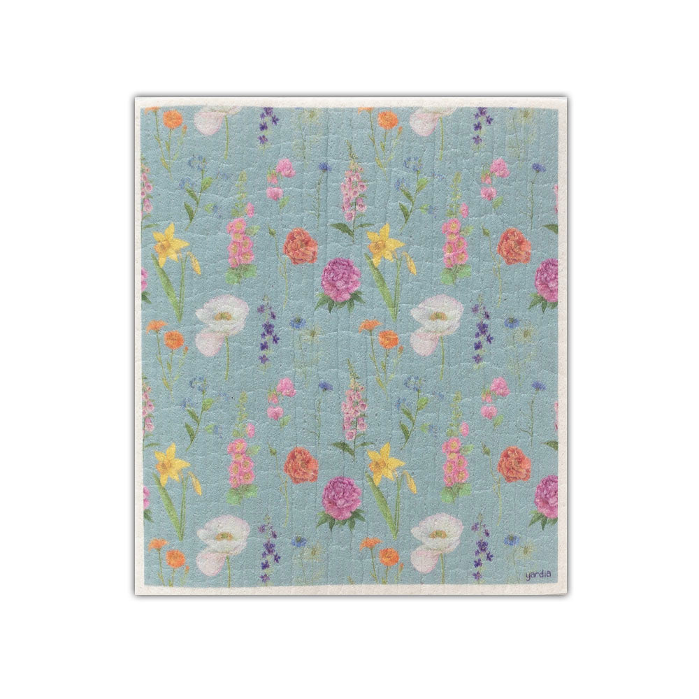 Cottage Garden Sponge Cloth - Cellulose Sponge Dish Cloth featuring watercolor flowers on blue fabric, eco-friendly and biodegradable, designed by Brigida Swanson.