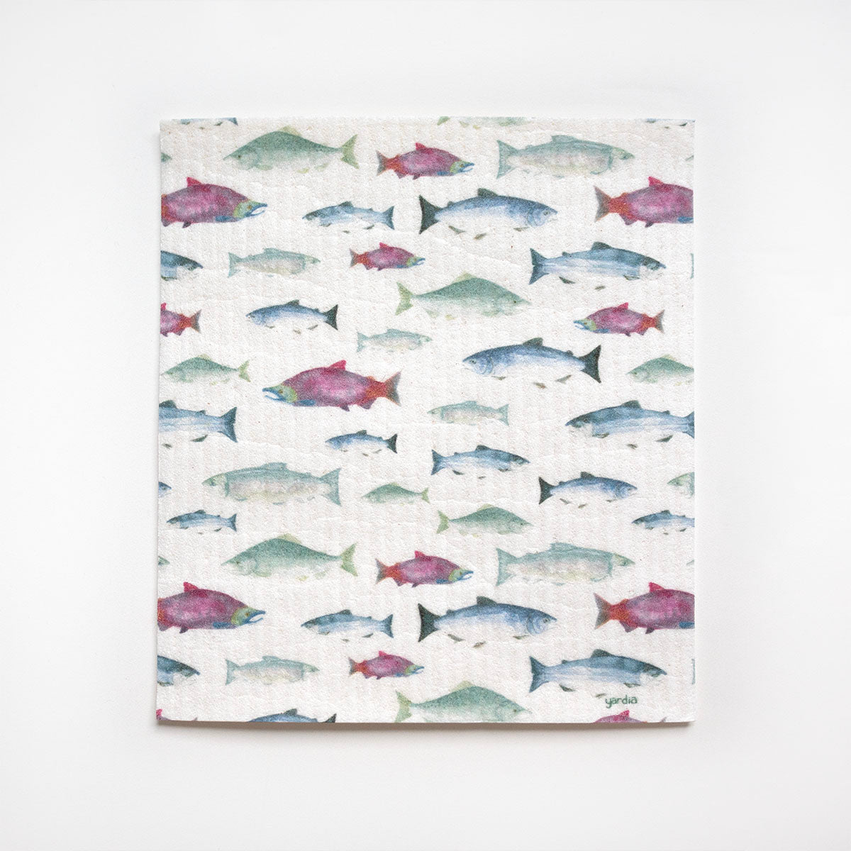 Salmon Sponge Cloth – Cellulose Sponge Dish Cloth featuring colorful fish patterns, ideal for eco-friendly cleaning with watercolor illustrations of Pacific salmon.