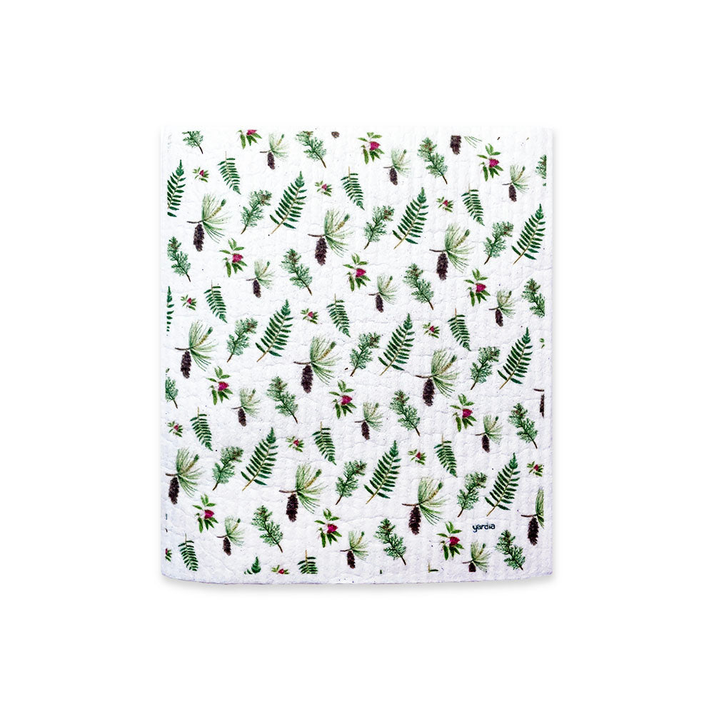 Holiday Pine Sponge Cloth - Cellulose Dish Cloth featuring pine and cedar boughs, with pink berry accents, ideal for sustainable kitchens, reusable and compostable.
