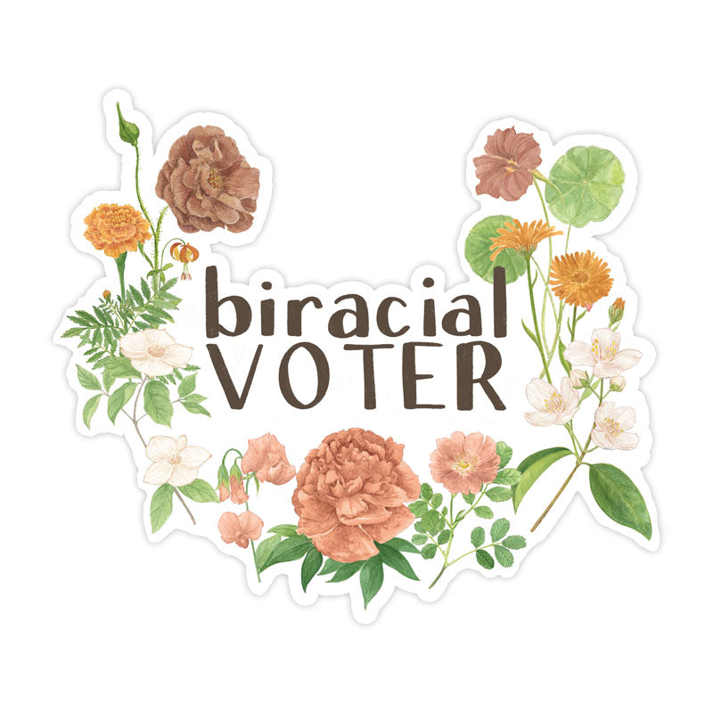 Biracial Voter Sticker featuring a watercolor floral design of flowers and leaves, symbolizing multiracial identity and voter pride. Durable, weatherproof vinyl, approximately 3x3 inches.