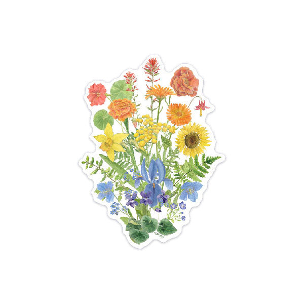 Watercolor floral sticker featuring a bouquet in soft rainbow colors, symbolizing LGBTQ+ pride. Designed by Brigida Swanson for Yardia. Weatherproof and dishwasher safe.