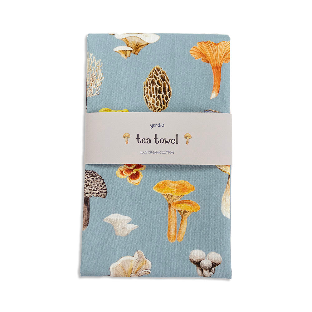 Mushrooms Tea Towel - Organic Cotton Kitchen Towel featuring a watercolor mushroom design on durable organic cotton canvas, perfect for adding a cozy touch to your kitchen.