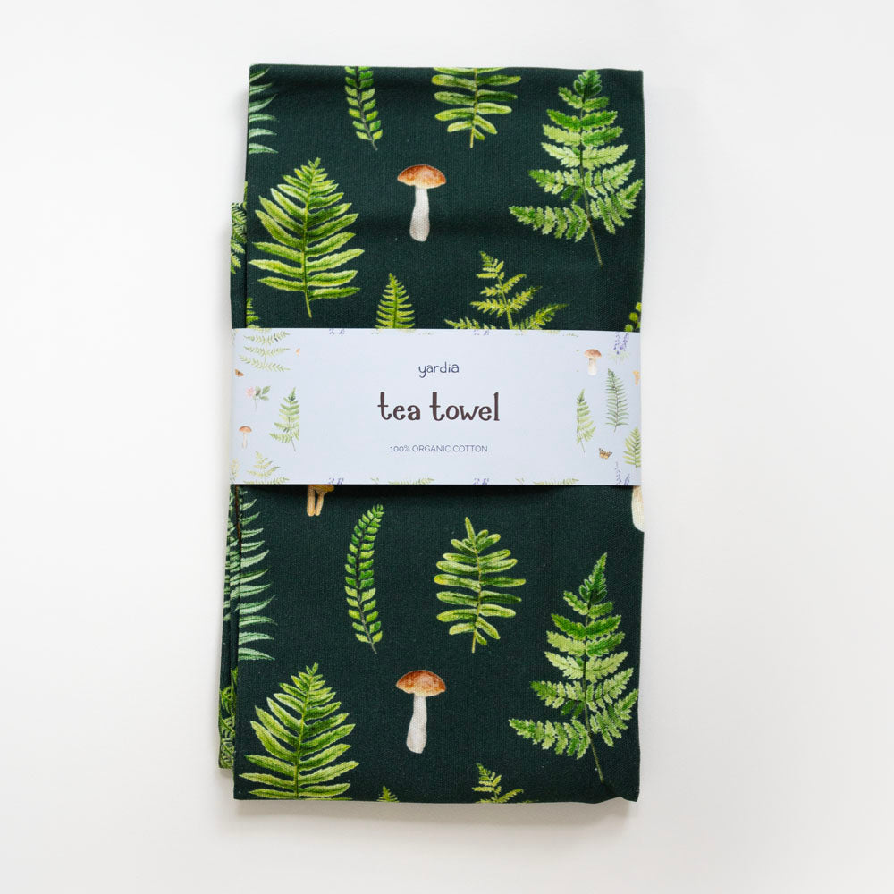 Ferns Tea Towel - Organic Cotton Kitchen Towel featuring a watercolor pattern of mushrooms and ferns on durable organic cotton canvas.