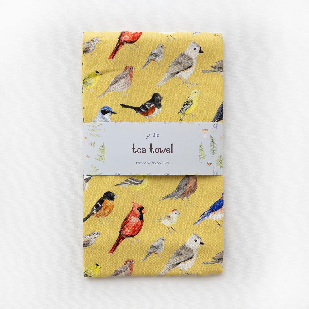 Backyard Birds Tea Towel - Organic Cotton Kitchen Towel featuring watercolor birds design on yellow, ideal for drying dishes. Made from 100% organic cotton.