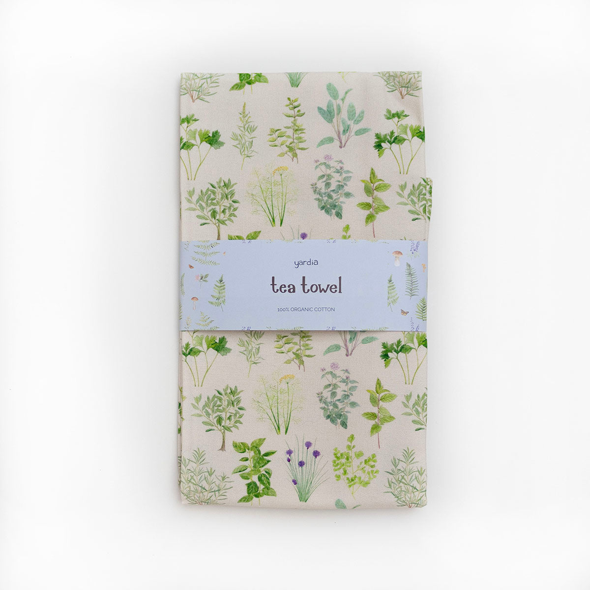 Culinary Herbs Tea Towel - Organic Cotton Kitchen Towel featuring a label and watercolor botanical illustrations of herbs, designed for kitchen use with a corner hang loop.