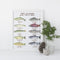 Pacific Trout and Salmon Art Print in a white frame next to a vase, showcasing watercolor illustrations of native trout and salmon with names.