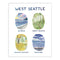 West Seattle Watercolor Art Print featuring seasonal park scenes, including Alki Beach and Schmitz Preserve, showcasing Seattle's natural beauty in an 8x10 inch format.