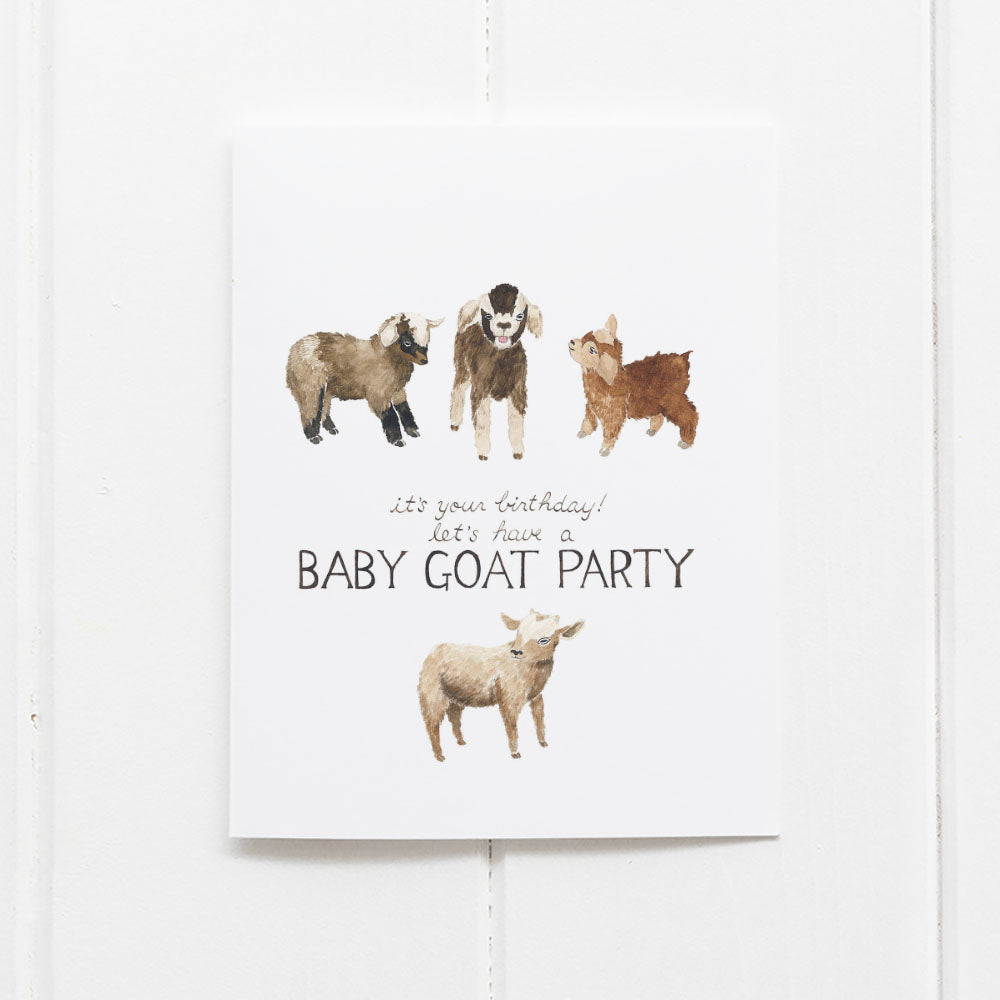 Baby Goat Party Birthday Card featuring watercolor illustrations of goats and hand-lettered text, perfect for goat lovers and urban farmers. Blank inside, includes kraft envelope.