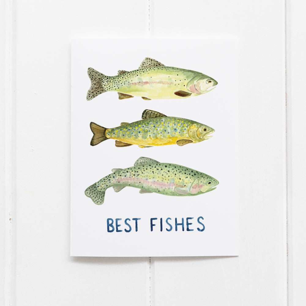 Best Fishes Card featuring watercolor illustrations of Pacific Northwest trout, perfect for fishing enthusiasts. Card measures 4.25 x 5.5 inches, blank inside.