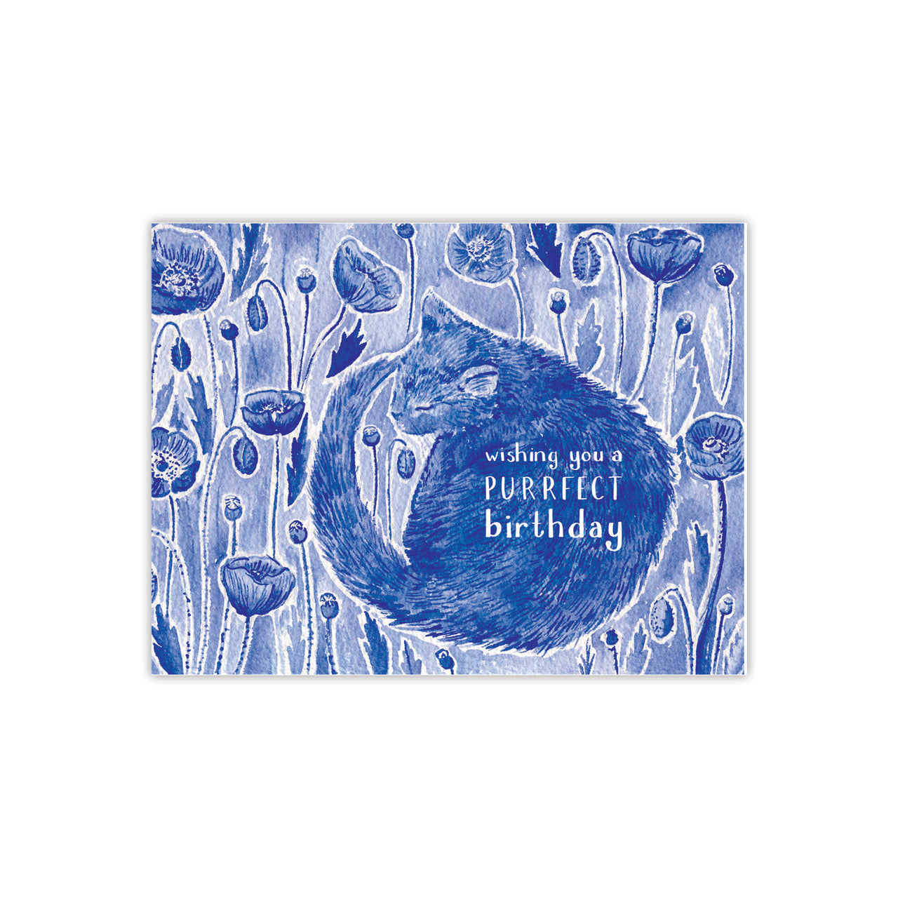 Cat Purrfect Birthday - Watercolor Birthday Card featuring a sleeping blue cat among wildflowers with punny text, designed by artist Brigida Swanson.