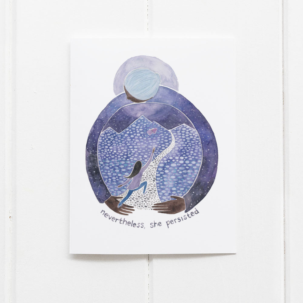 Watercolor card titled Nevertheless She Persisted, featuring a girl chasing a moth with a protective moon, blank inside, includes a kraft envelope.
