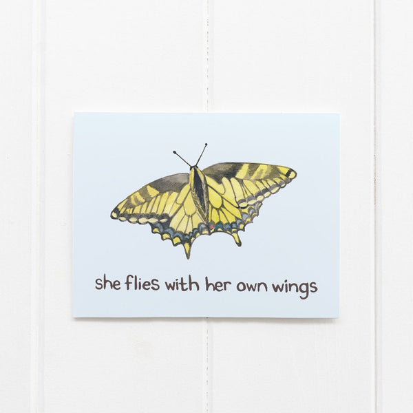 Butterfly encouragement card by Yardia reads "she flies with her own wings"