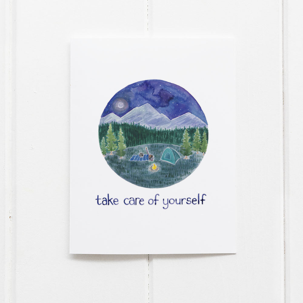 Take Care of Yourself Card featuring a watercolor illustration of a girl camping under the moon, promoting self-care. Blank inside with a kraft envelope.