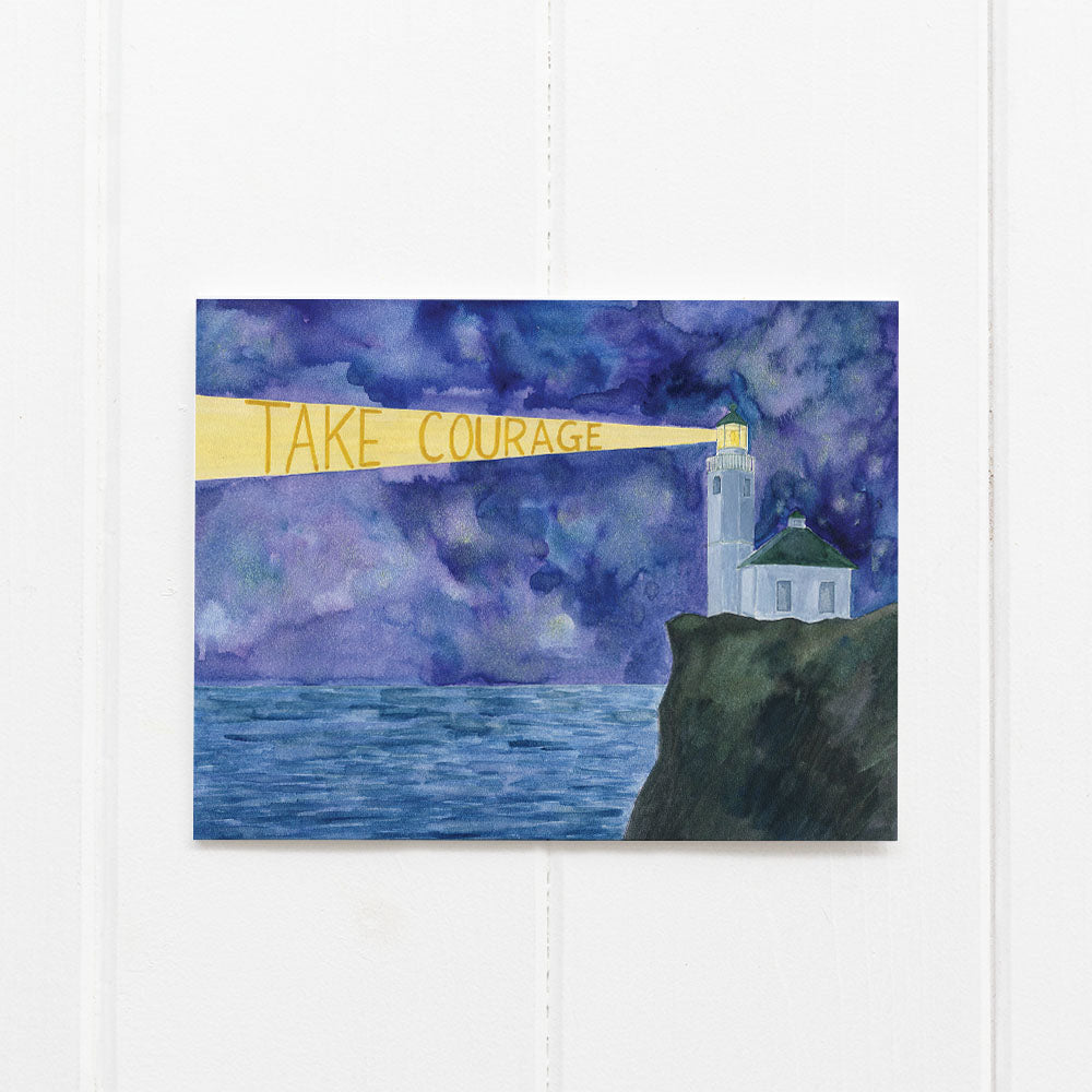 Take Courage Card featuring a watercolor painting of a lighthouse on a cliff, perfect for encouragement. Blank inside, comes with a kraft envelope.