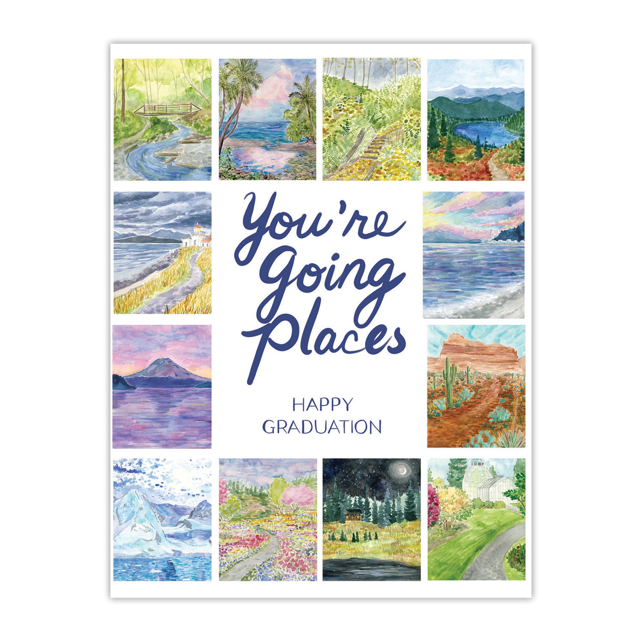 Happy Graduation Card - You're Going Places featuring watercolor landscapes, including mountains and lakes, with You're Going Places! text. Blank inside, eco-friendly cardstock, includes kraft envelope.