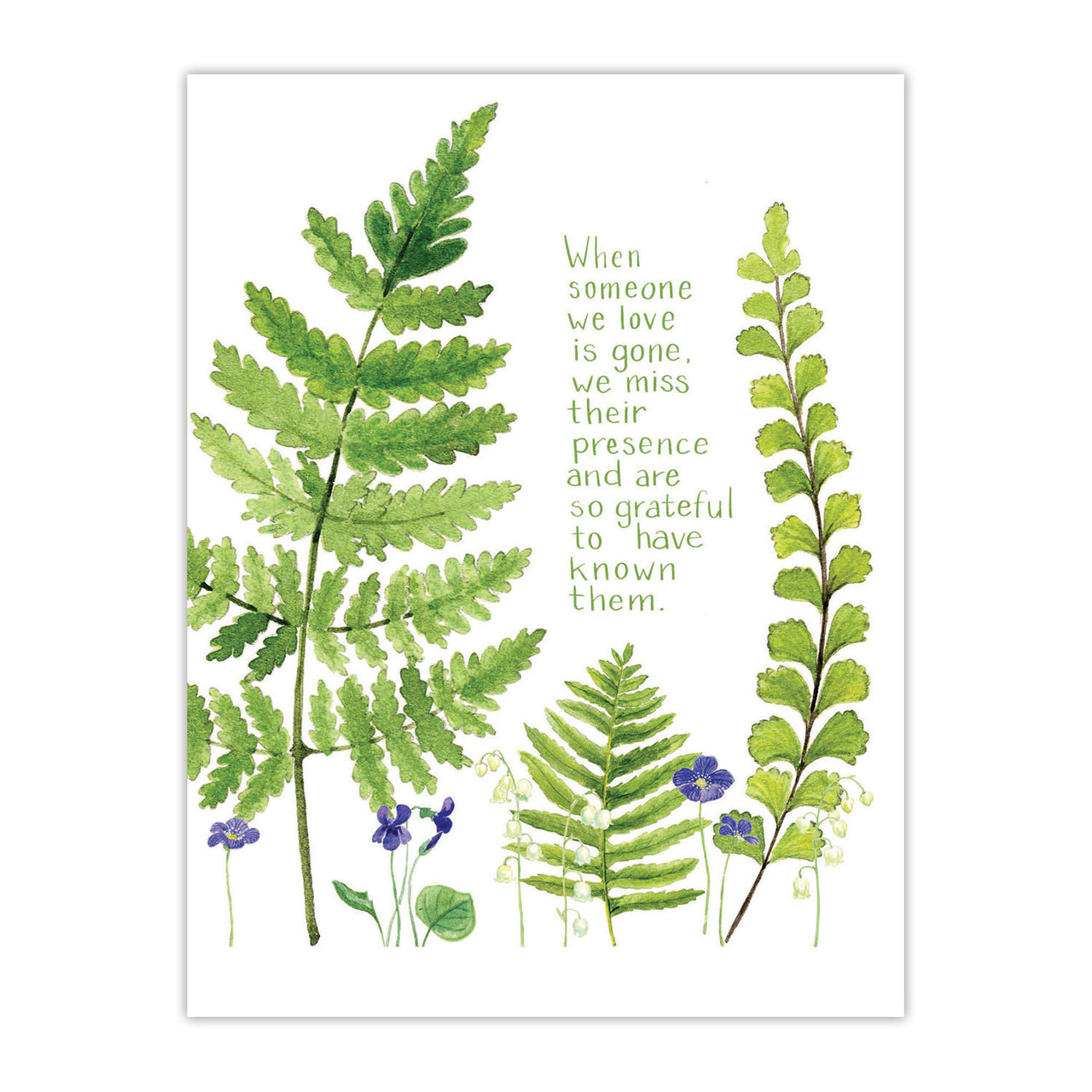 sympathy card for grief and loss with botanical watercolor ferns