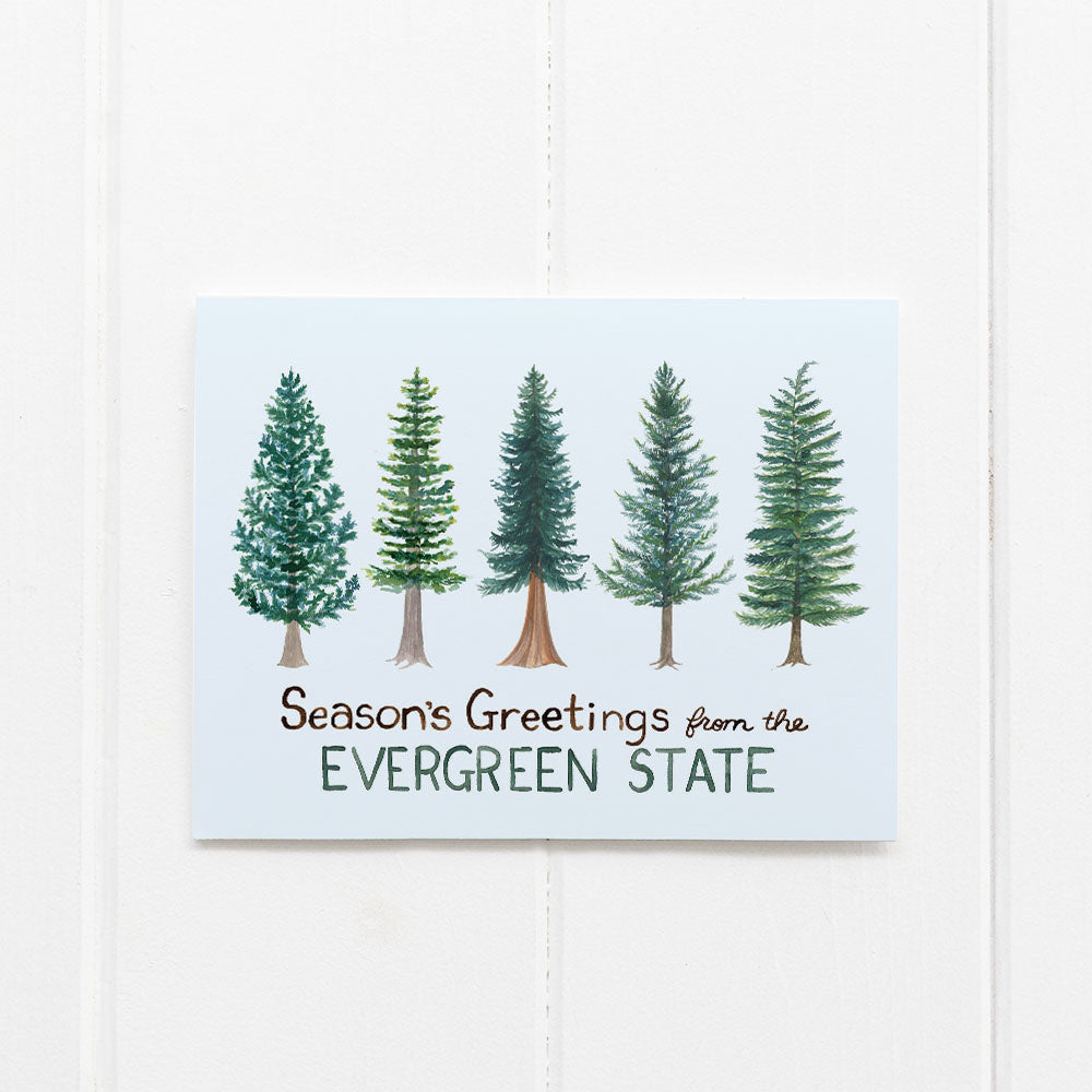 Evergreen State Holiday Card featuring watercolor Pacific Northwest evergreen trees with Seasons Greetings from the Evergreen State message, blank inside, includes kraft envelope.