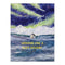 Cozy Holiday Card featuring a watercolor cabin in a snowy mountain under Northern Lights, with Wishing you a cozy holiday message by artist Brigida Swanson.