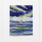 Cozy Boxed Holiday Cards - Set of 6 features a watercolor cabin under Northern Lights. Includes recycled paper cards and envelopes in a plastic-free kraft box.