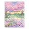 Happy Easter Card featuring a watercolor scene of cherry blossom trees and a lily pond, hand-lettered and printed on recycled cardstock, blank inside for personal messages.