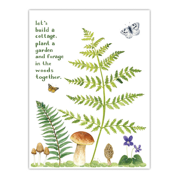 Cottagecore love card with watercolor ferns and mushrooms
