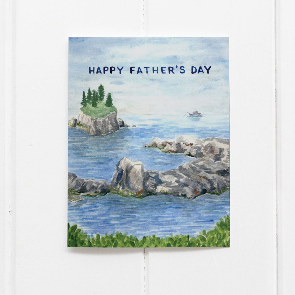 Happy Father's Day Card Fishing features a watercolor of a grandfather's fishing boat on a lake, printed on recycled cardstock, blank inside. Comes with a kraft envelope.