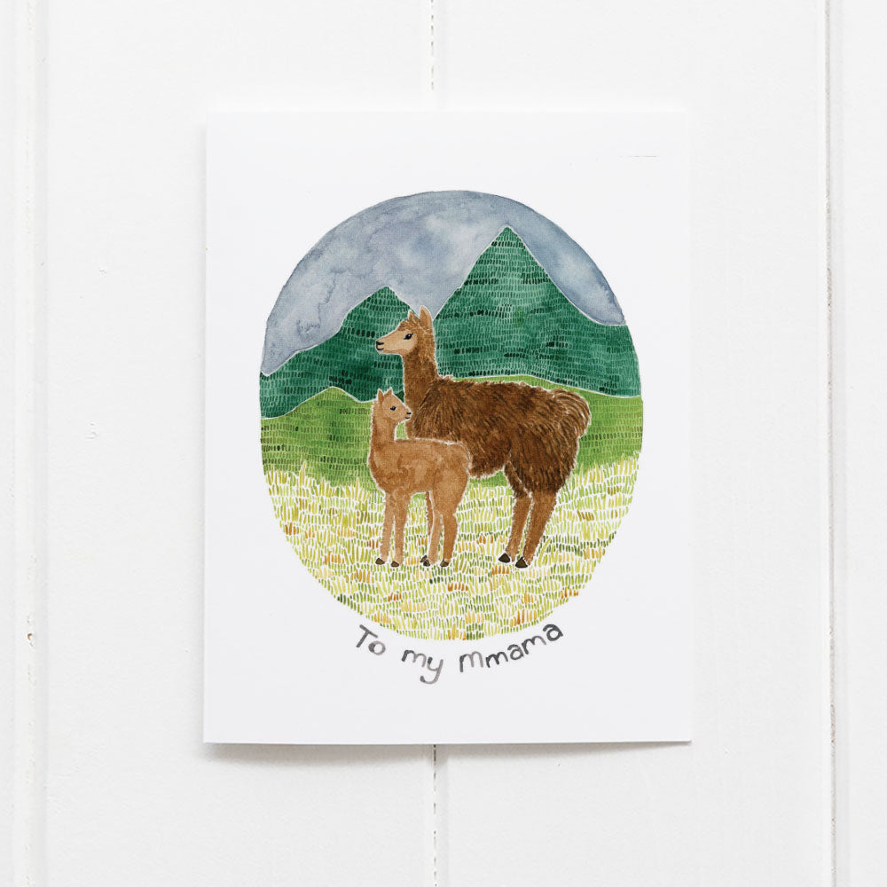 Llama Mmama Mom Card featuring a watercolor of a mother and baby llama in the Andes, perfect for celebrating moms. Blank inside, includes a recycled kraft envelope.