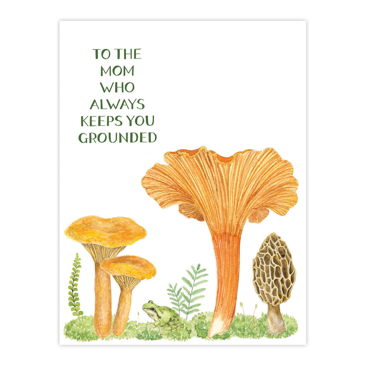 Mushroom Mother's Day Card featuring watercolor mushrooms and plants, designed by Brigida Swanson, blank inside, includes a kraft envelope.