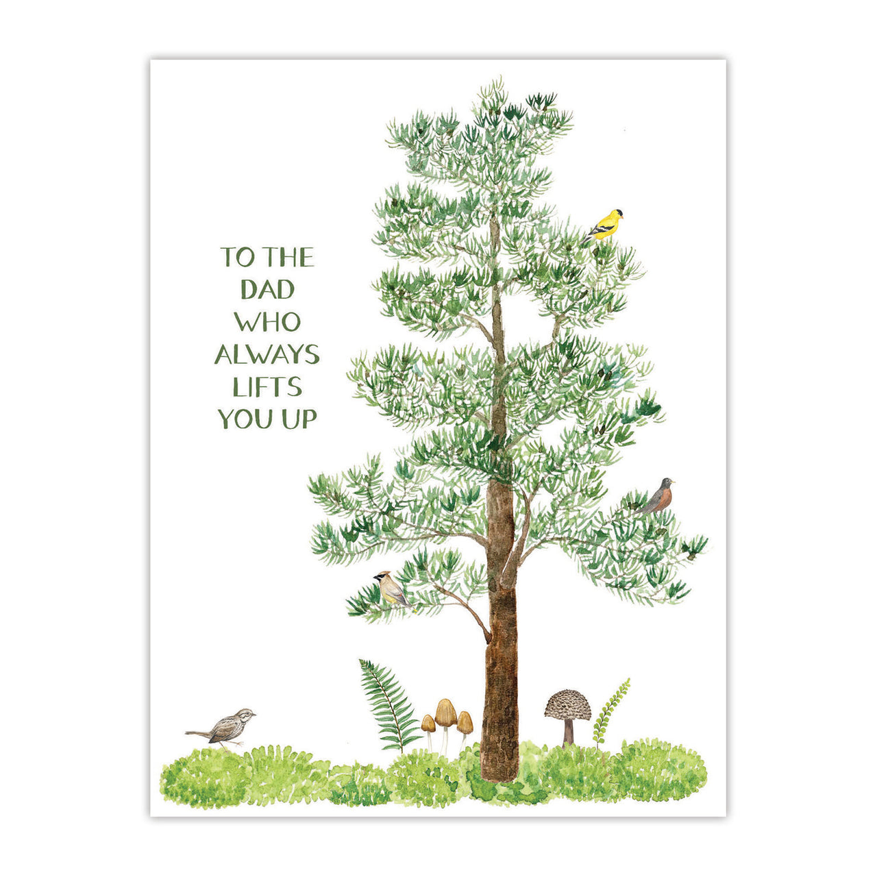 Uplifting Father's Day Card featuring a watercolor tree and forest birds, blank inside, printed on recycled cardstock with a kraft envelope.