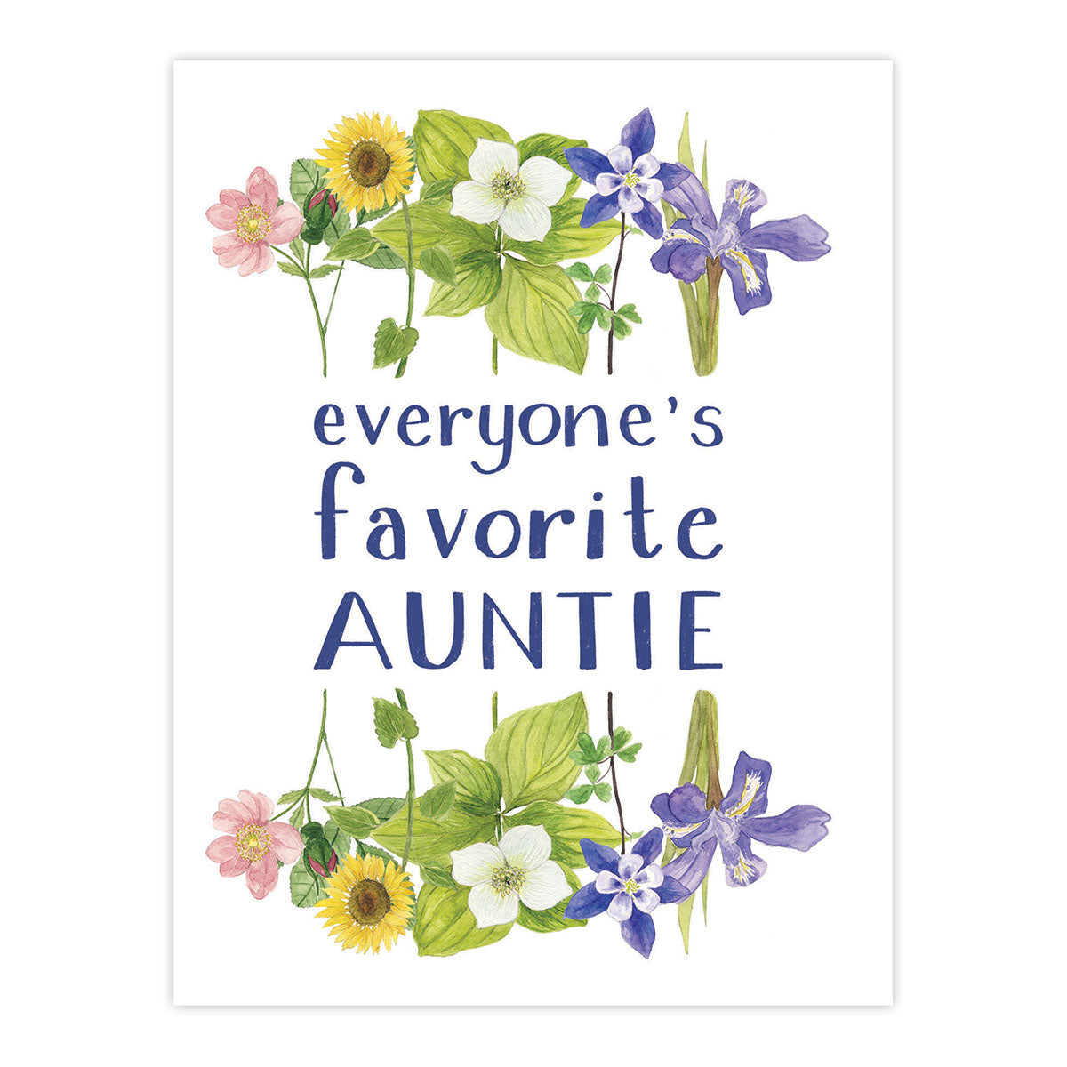 Everyone's Favorite Auntie Card - Mother's Day Card featuring watercolor wildflower illustrations, professionally printed on recycled cardstock, with a blank interior for a personal message.